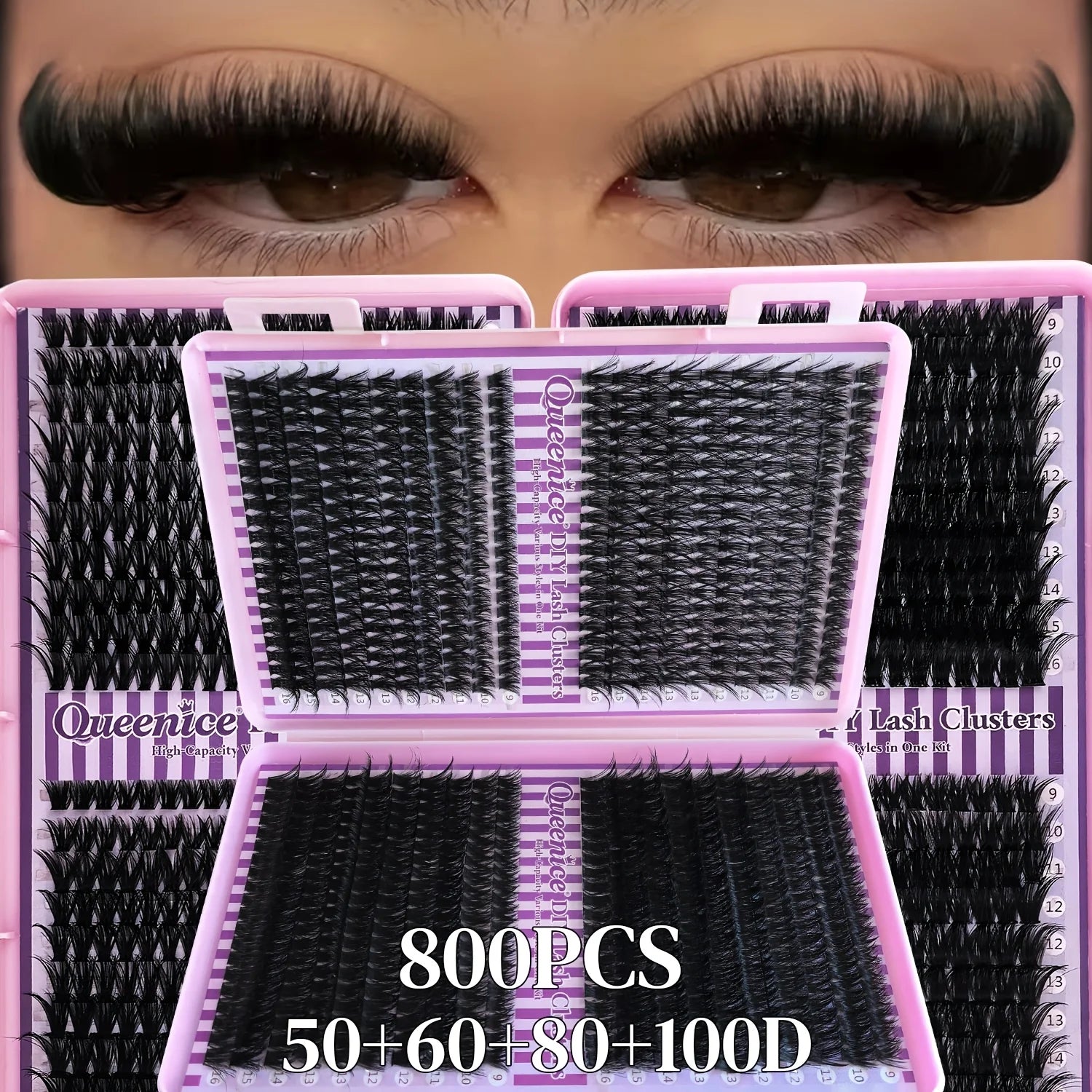 800 Clusters of 50D+60D+80D+100D False Eyelashes, 9-16mm Mixed Lengths, Freely Combinable, D/DD Curl