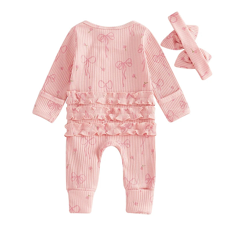 Infant Baby Girl Outfit Bow Print Long Sleeve Ruffled Zipper Front Ribbed Jumpsuit Bow Headband Newborn Clothes