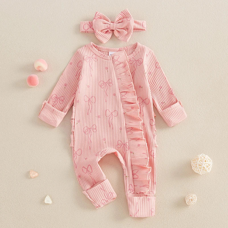 Infant Baby Girl Outfit Bow Print Long Sleeve Ruffled Zipper Front Ribbed Jumpsuit Bow Headband Newborn Clothes