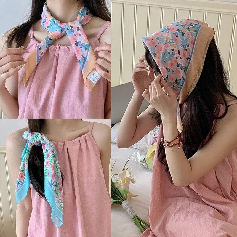 Fashion Flower Print Small Scarf For Women Girls Luxury Head Scarf Sweet Thin Scarf Outdoors Beach Sunscreen Scarf Gifts