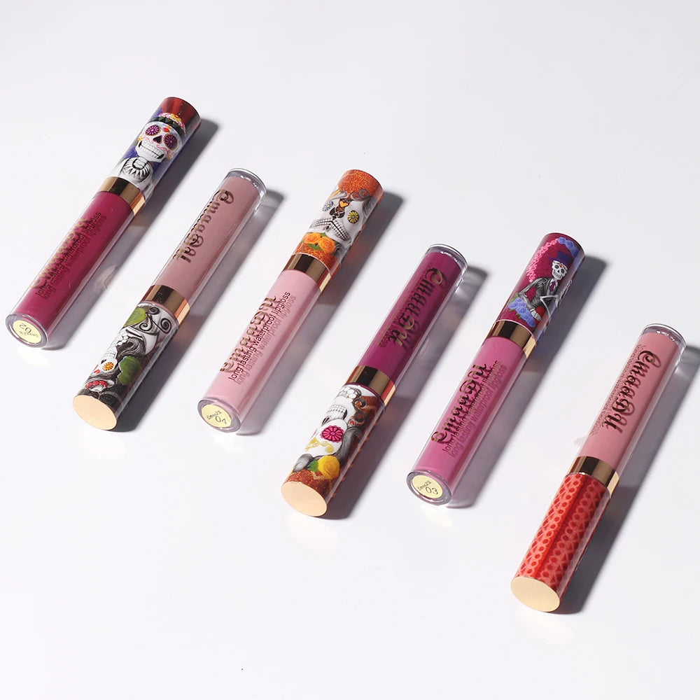 1pcs Matte Lip Gloss - Long-Lasting, Waterproof, Non-Fading, for All Skin Types - Vibrant Red Shades with Floral & Skull Designs