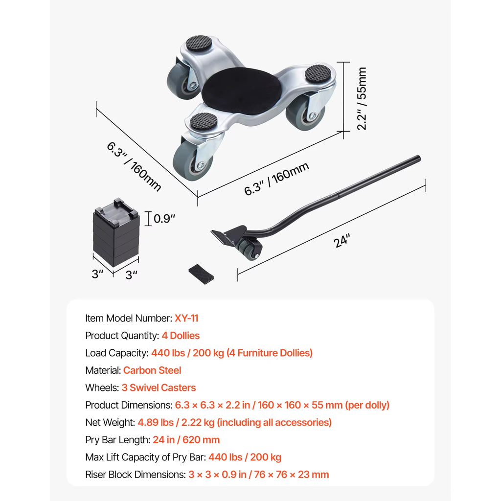 4Pcs Furniture Dolly Movers with Triangle Swivel Caster & 3 Wheels Fridge Lift Mover Tool Set for Home Appliances Sofa