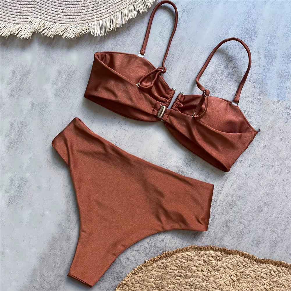 Brown Shiny U Shaped Bikini High Waist Sexy Swimsuit Women 2026 Wrinkled Solid Swimwears Bathing Suit Bandeau Bikinis Sets Mujer